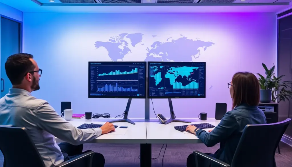 US and Israeli marketing team analyzing global campaign data on dual monitors